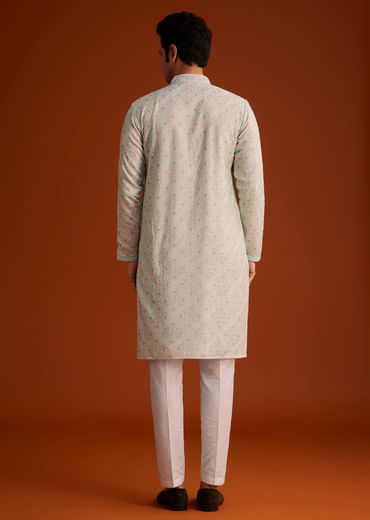 Aqua Blue Silk Kurta Set With Hand Embroidery
