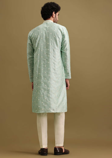 Aqua Blue Silk Kurta Set With Resham Work For Men