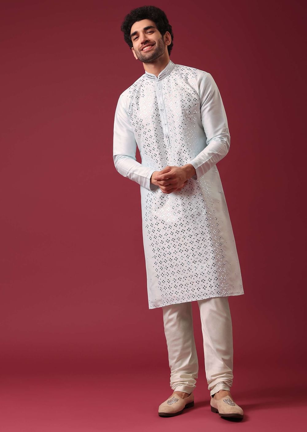 Aquatic Blue Kurta Set In Silk With Mirror Work