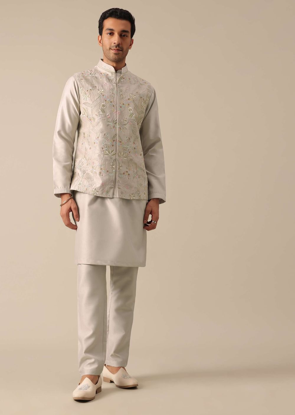 Ash Grey Jacket And Kurta Set With Floral Motifs