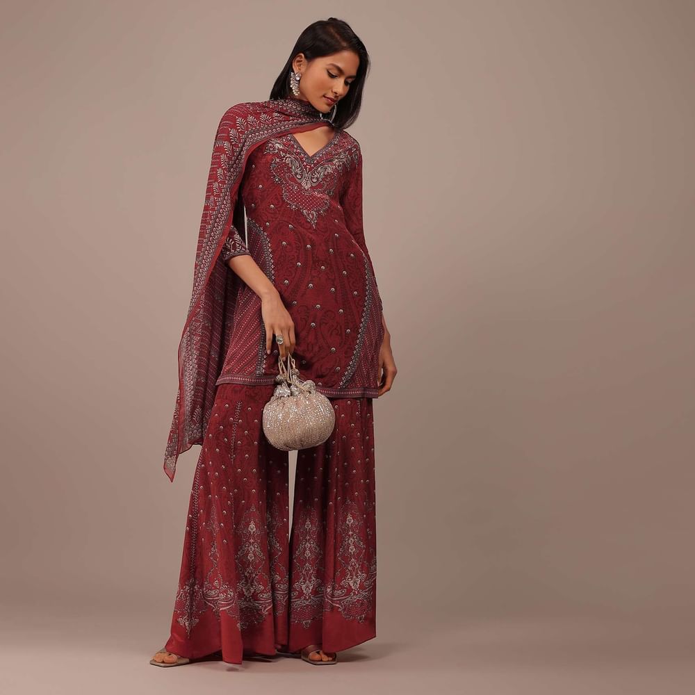 Brick Red Printed Sharara Suit With Stonework In Crepe