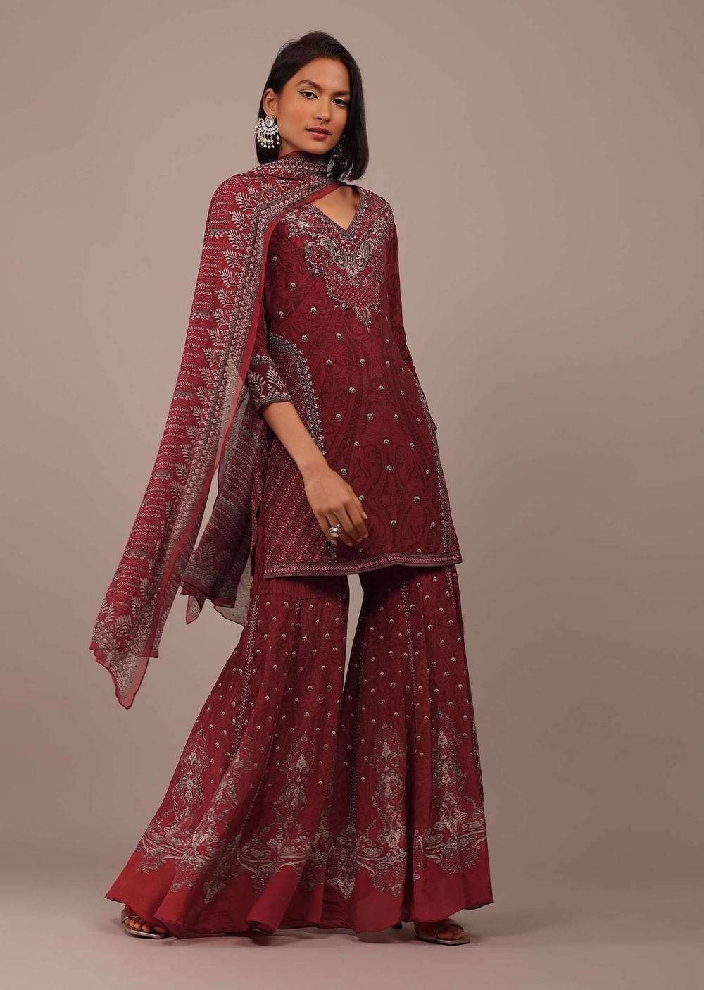 Brick Red Printed Sharara Suit With Stonework In Crepe