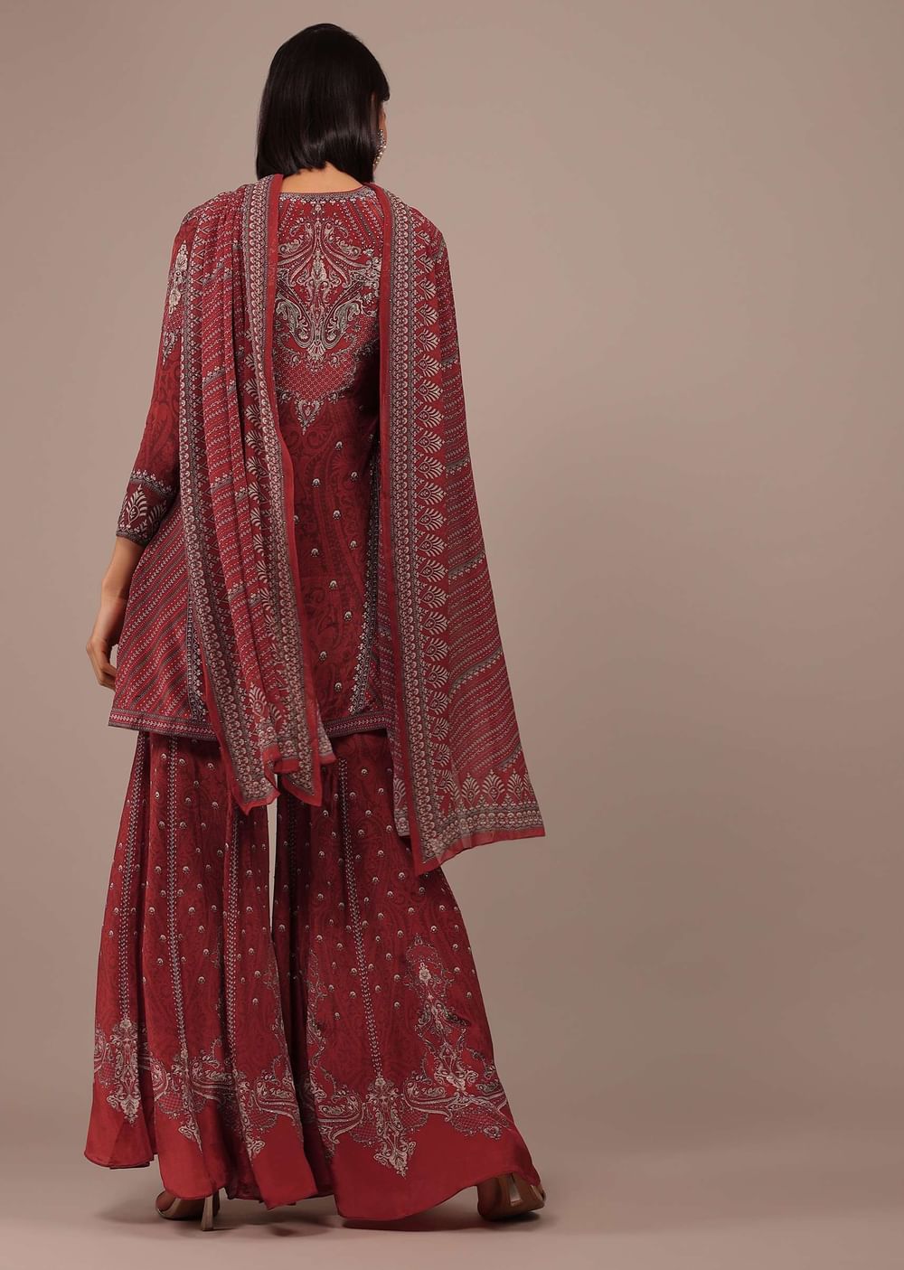 Brick Red Printed Sharara Suit With Stonework In Crepe