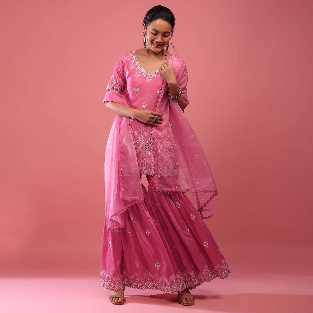 Azalea Pink Lucknowi Sharara Suit In Cotton With Embroidery