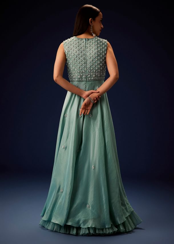 Azure Blue Hand Embroided Double Layer Organza Frill Jumpsuit Azure Blue Hand Embroided Double Layer Organza Frill Jumpsuit