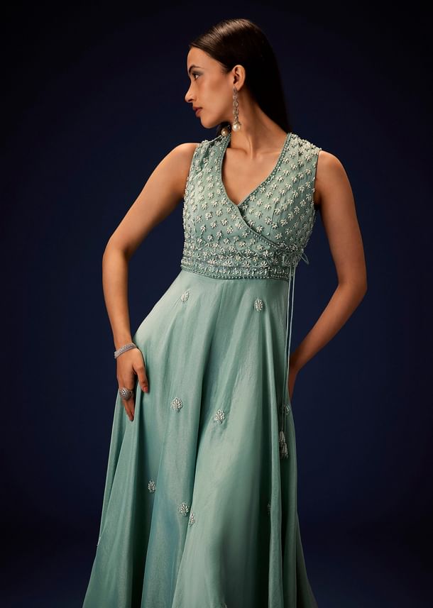 Azure Blue Hand Embroided Double Layer Organza Frill Jumpsuit Azure Blue Hand Embroided Double Layer Organza Frill Jumpsuit