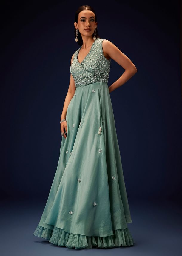 Azure Blue Hand Embroided Double Layer Organza Frill Jumpsuit Azure Blue Hand Embroided Double Layer Organza Frill Jumpsuit