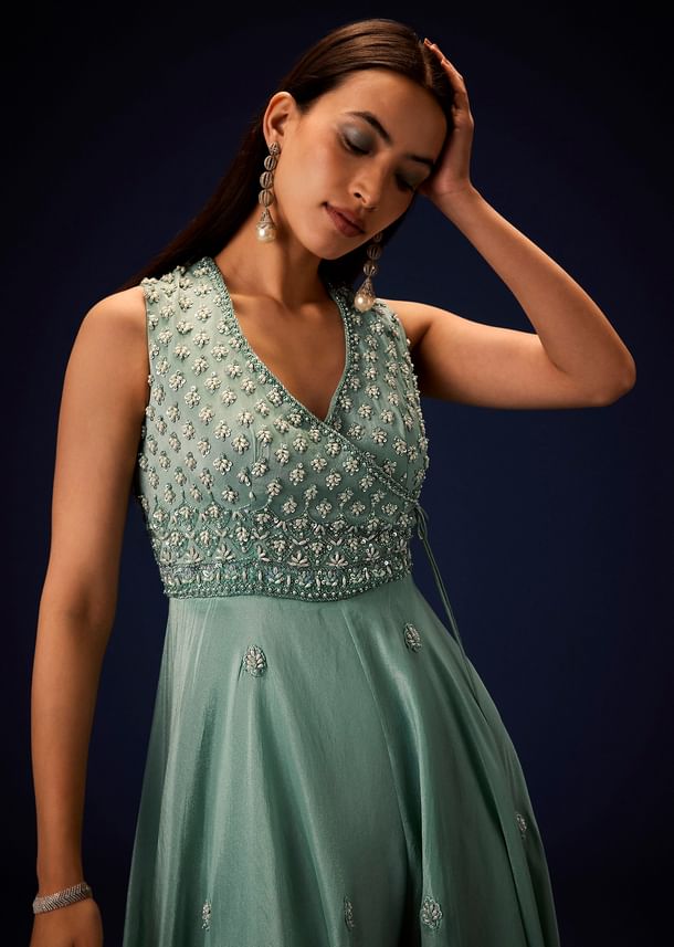 Azure Blue Hand Embroided Double Layer Organza Frill Jumpsuit Azure Blue Hand Embroided Double Layer Organza Frill Jumpsuit