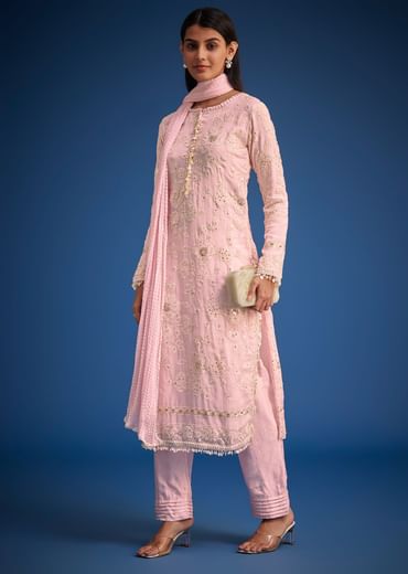 Baby Pink Organza Embroidered Straight Kurta Set