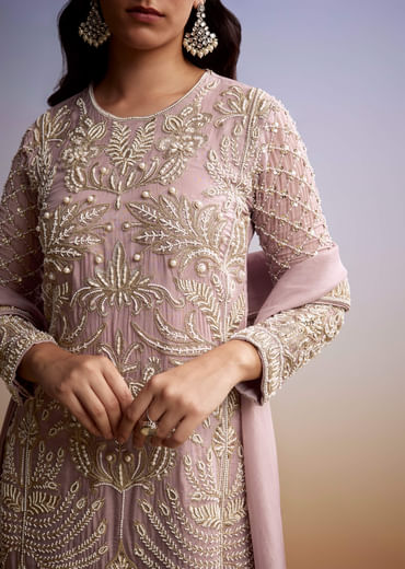 Baby Pink Organza Palazzo Suit With Zari And Moti Work