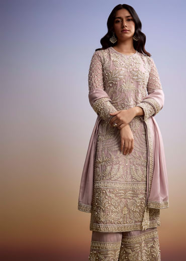 Baby Pink Organza Palazzo Suit With Zari And Moti Work