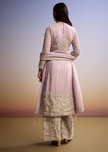 Baby Pink Organza Palazzo Suit With Zari And Moti Work