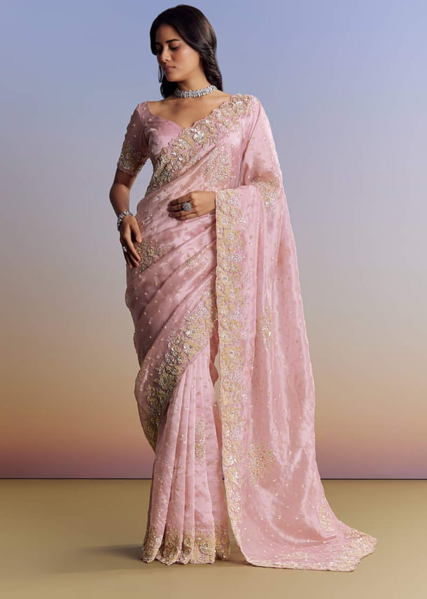 Baby Pink Organza Saree With Floral Cutwork Embroidery