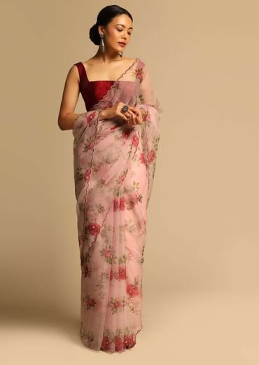 Baby Pink Saree In Organza With Floral Print All Over And Scalloped Resham Border Along With Unstitched Blouse