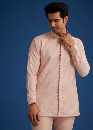 Baby Pink Silk Short Sherwani Set With Zardosi Embroidery