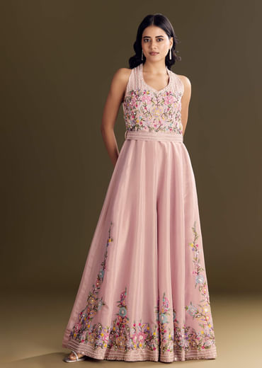 Baby Pink Tissue Halter Neck Jumpsuit With Moti Cutdana Belt