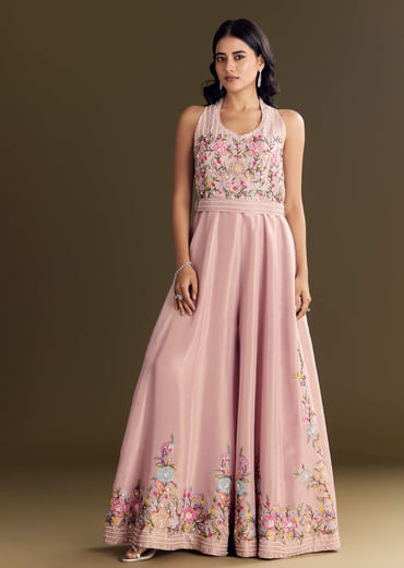 Baby Pink Tissue Halter Neck Jumpsuit With Moti Cutdana Belt
