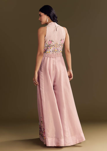 Baby Pink Tissue Halter Neck Jumpsuit With Moti Cutdana Belt