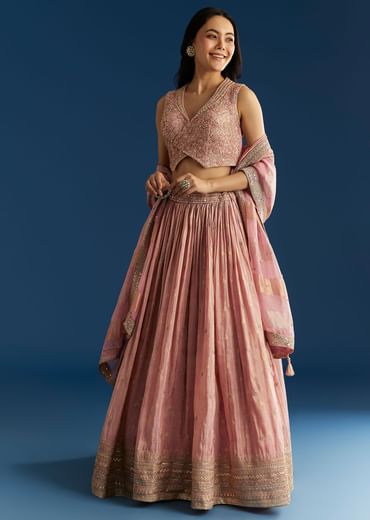 Baby Pink Tissue Lehenga Set With Mirror Sequins Choli