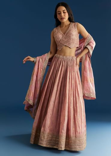 Baby Pink Tissue Lehenga Set With Mirror Sequins Choli