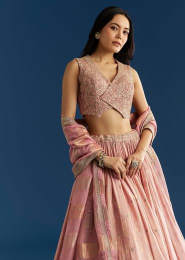 Baby Pink Tissue Lehenga Set With Mirror Sequins Choli