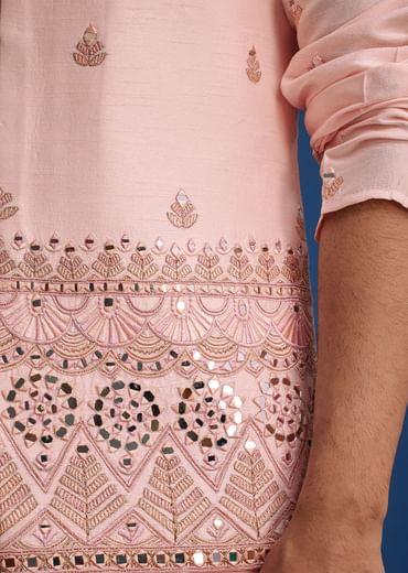 Baby Pink Tussar Kurta Jacket Set With Mirror Embroidery