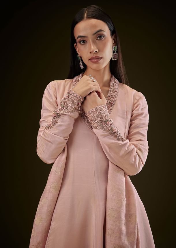 Baby Pink V Neck Anarkali With Printed Dupatta