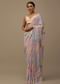 Baby Pink Embroidered Muslin Saree With Floral Print And Scallop Borders