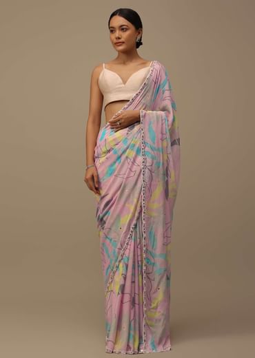 Baby Pink Embroidered Muslin Saree With Floral Print And Scallop Borders