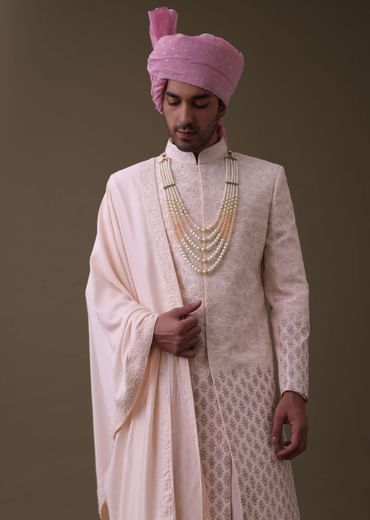 Baby Pink Sherwani Set In Raw Silk With Thread Work And Moti Embroidery