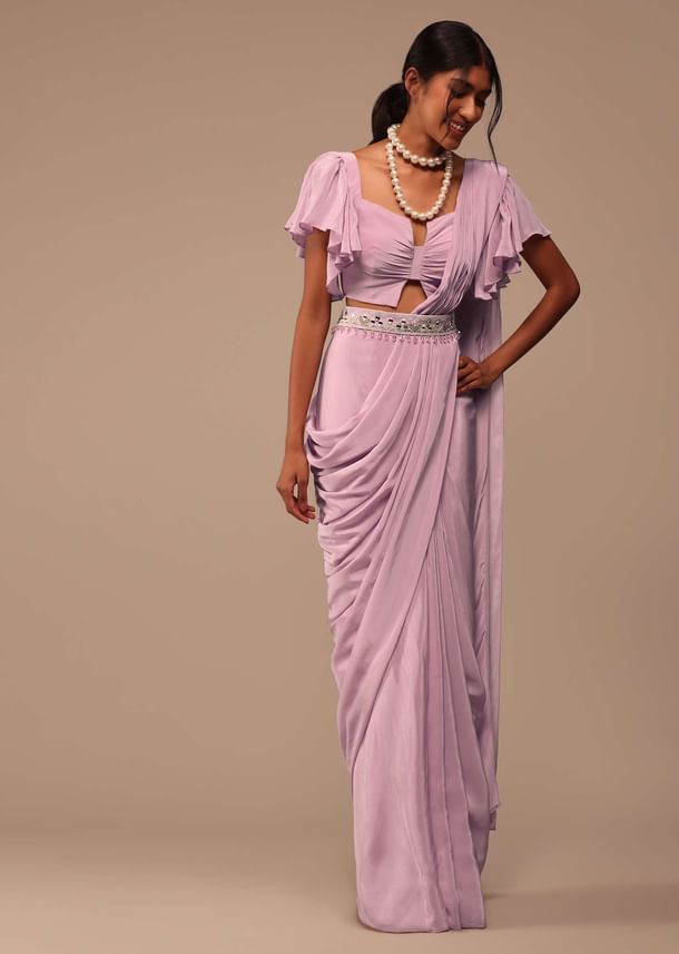 Baby Pink Crepe Saree With Fancy Bow Shaped Blouse And Belt Baby Pink Crepe Saree With Fancy Bow Shaped Blouse And Belt