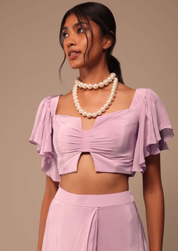 Baby Pink Crepe Saree With Fancy Bow Shaped Blouse And Belt Baby Pink Crepe Saree With Fancy Bow Shaped Blouse And Belt