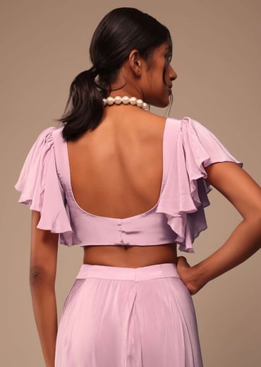 Baby Pink Crepe Saree With Fancy Bow Shaped Blouse And Belt
