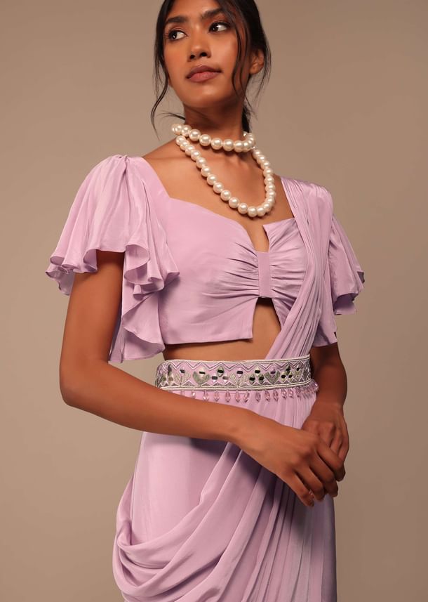 Baby Pink Crepe Saree With Fancy Bow Shaped Blouse And Belt Baby Pink Crepe Saree With Fancy Bow Shaped Blouse And Belt