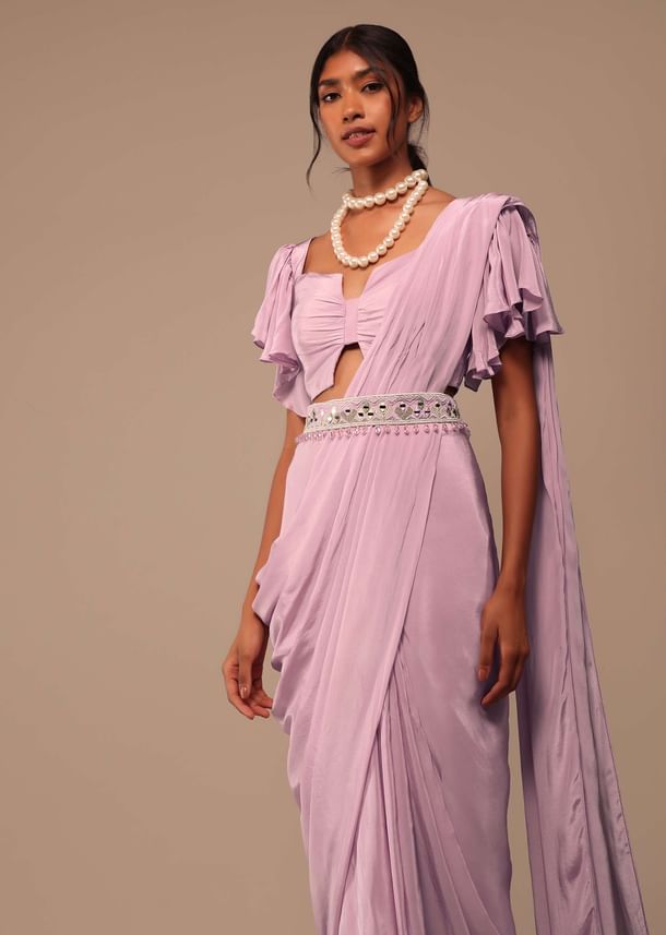 Baby Pink Crepe Saree With Fancy Bow Shaped Blouse And Belt Baby Pink Crepe Saree With Fancy Bow Shaped Blouse And Belt