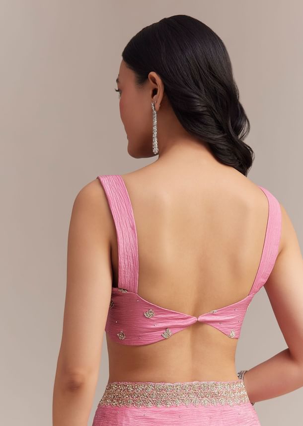 Baby Pink Crushed Tissue Saree With Embellished Border