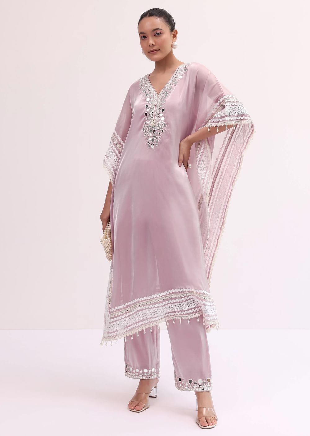 Baby Pink Embroidered Silk Kaftan Kurta Pant