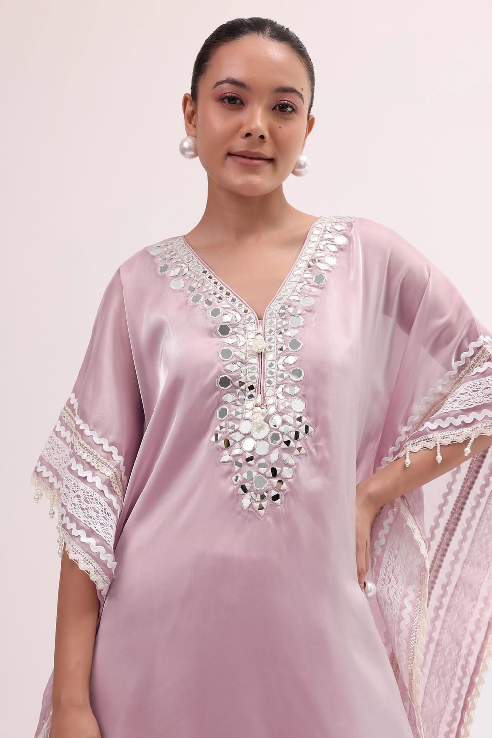 Baby Pink Embroidered Silk Kaftan Kurta Pant