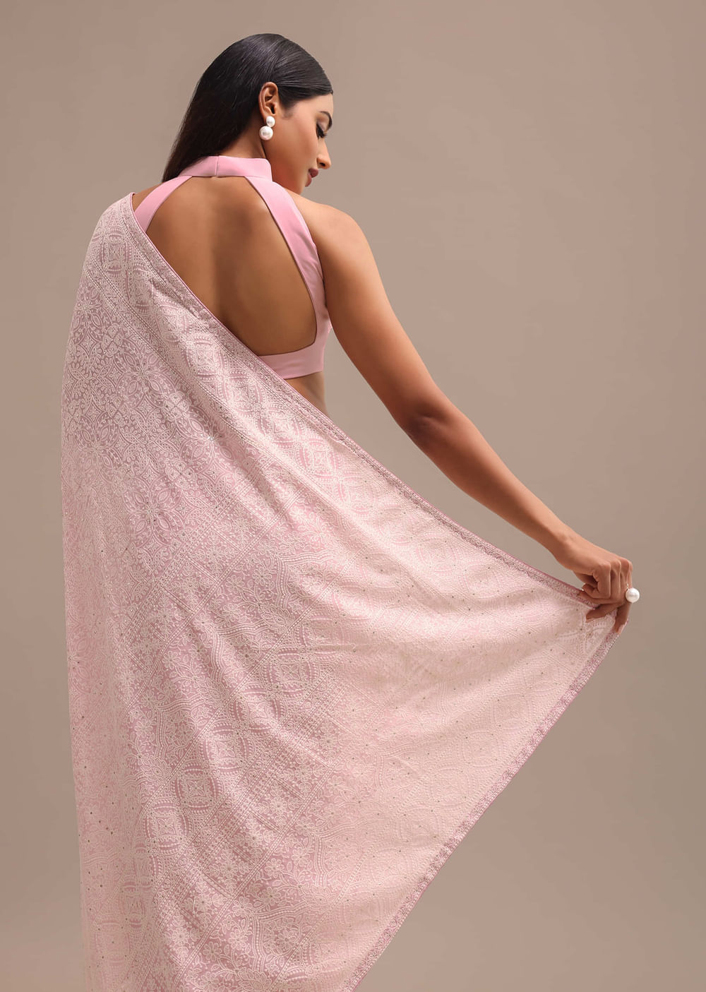 Baby Pink Georgette Chikankari Saree With Unstitched Blouse
