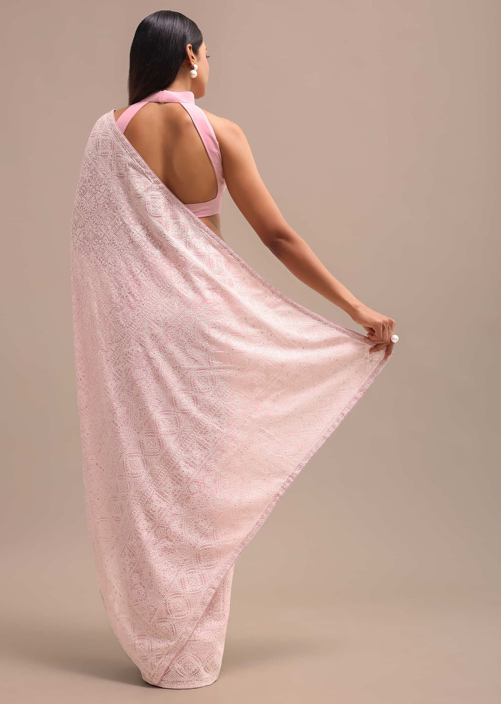 Baby Pink Georgette Chikankari Saree With Unstitched Blouse