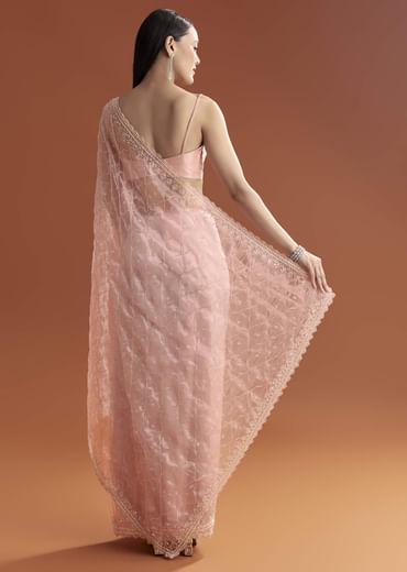 Baby Pink Organza Embroidered Saree With Jaal Work