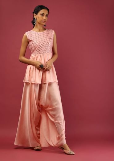 Baby Pink Peplum Kurta And Cowl Dhoti Suit Set With Mirror Abla Embroidery