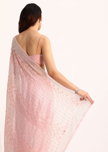 Baby Pink Satin Saree With Thread And Stone Embroidery And Unstitched Blouse