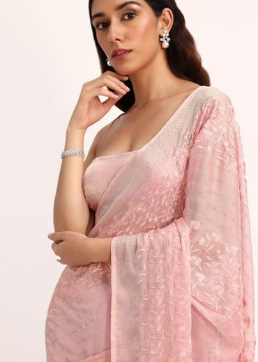 Baby Pink Satin Saree With Thread And Stone Embroidery And Unstitched Blouse