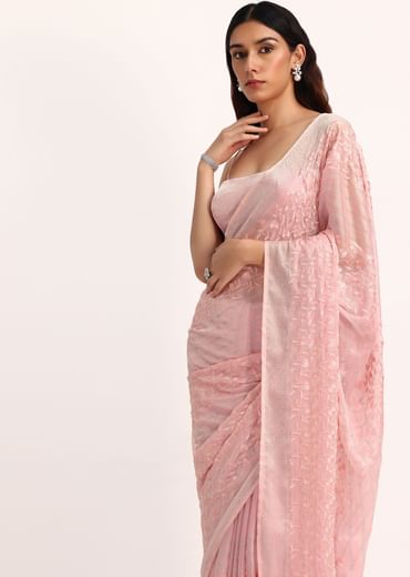 Baby Pink Satin Saree With Thread And Stone Embroidery And Unstitched Blouse