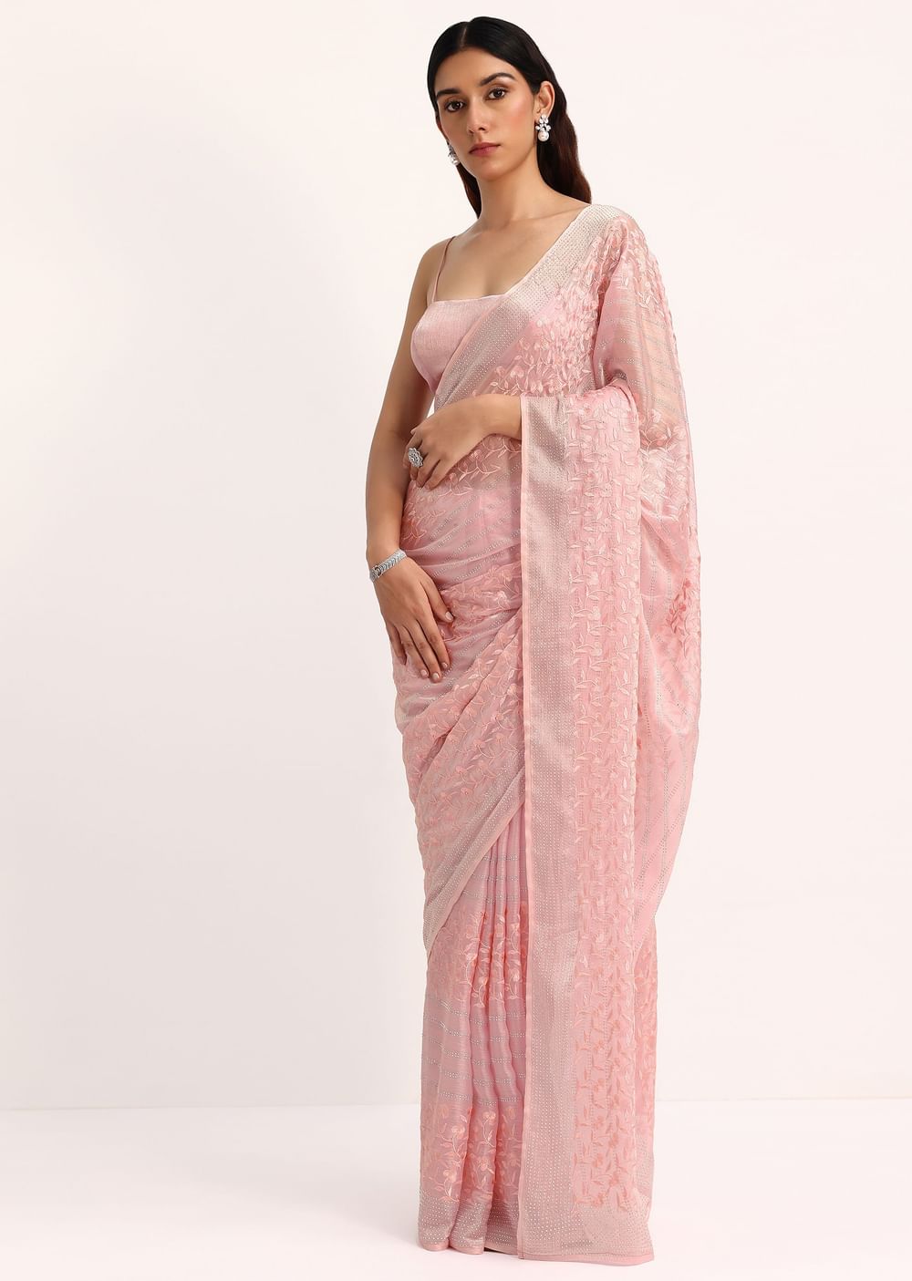 Baby Pink Satin Saree With Thread And Stone Embroidery And Unstitched Blouse