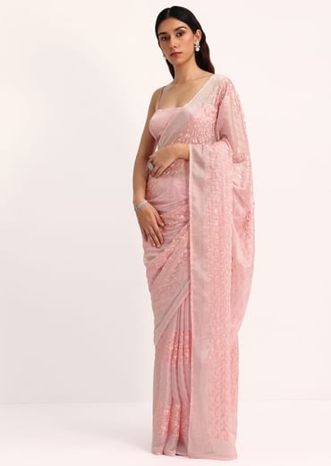 Baby Pink Satin Saree With Thread And Stone Embroidery And Unstitched Blouse