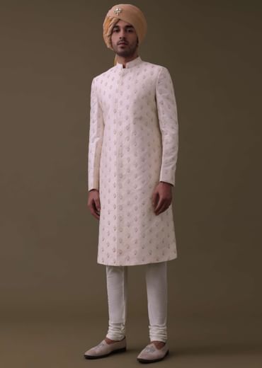 Baby Pink Sherwani Set In Silk With Moti And Sequins Work