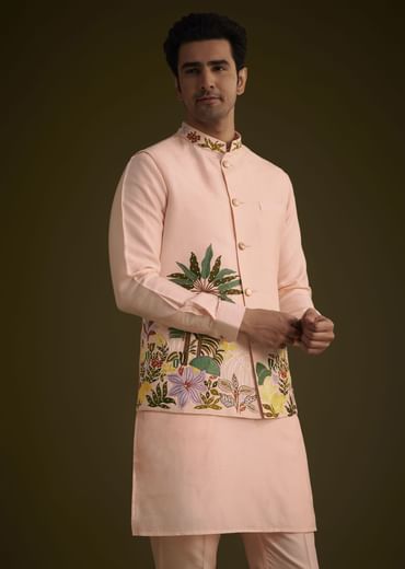 Baby Pink Silk Jacket Set With Nature Themed Patch Work