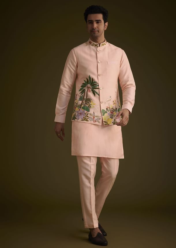 Baby Pink Silk Jacket Set With Nature Themed Patch Work